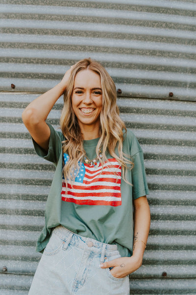 Emerald American Flag Box Tee - Southern Soule Designs