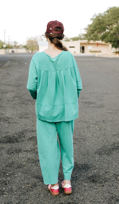 Emerald Washed Pleat Detail Short Sleeve Top and Pant Set - Southern Soule Designs
