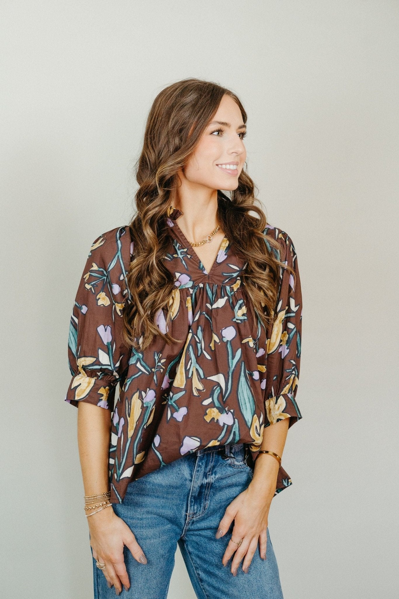 Espresso Floral V - Neck Half Sleeve Blouse T24097 - Southern Soule Designs