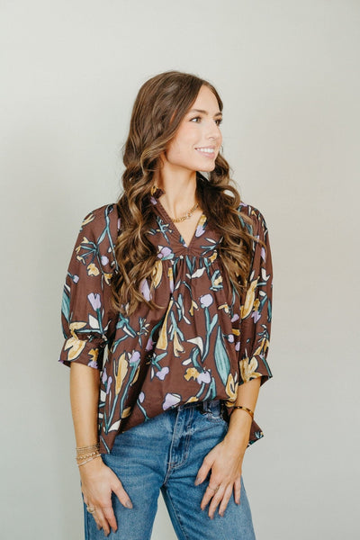 Espresso Floral V - Neck Half Sleeve Blouse T24097 - Southern Soule Designs