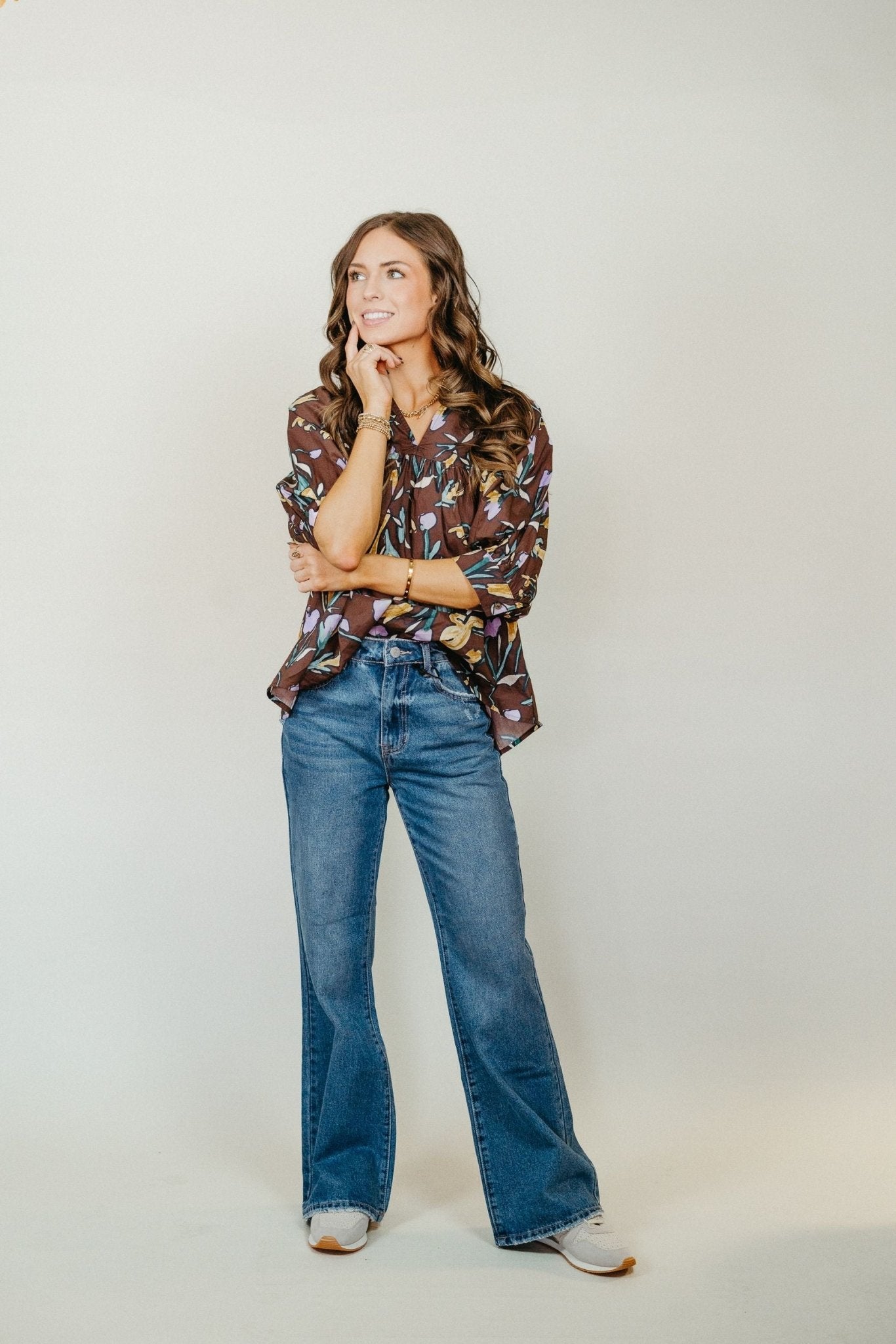 Espresso Floral V - Neck Half Sleeve Blouse T24097 - Southern Soule Designs