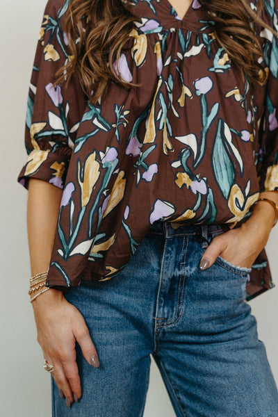 Espresso Floral V - Neck Half Sleeve Blouse T24097 - Southern Soule Designs