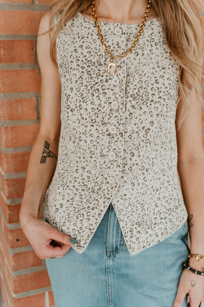 Cream/Black Sleeveless Button Sewn Top ST2307-1