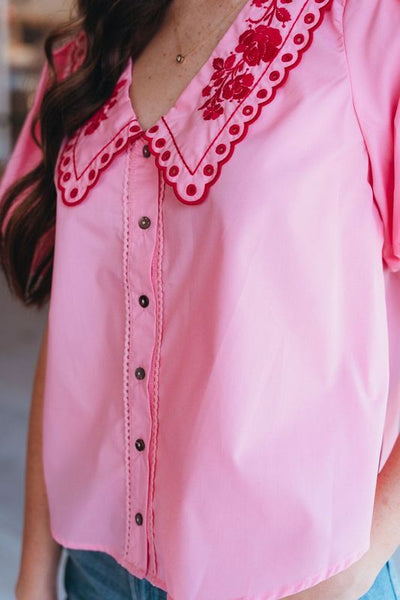 Pink Bubble Sleeve Top with Embroidered Chelsea Collar T25510