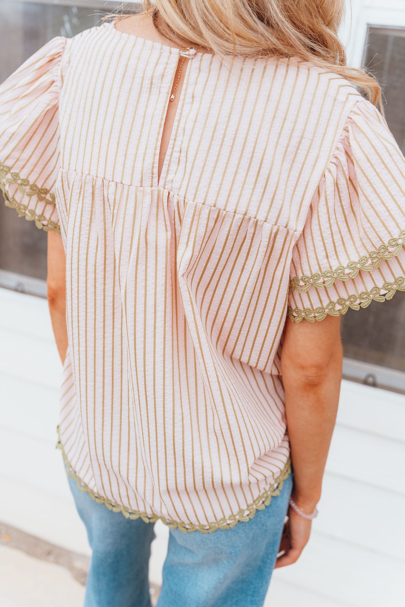 Pink Olive Striped Flutter Sleeve Top IT18183