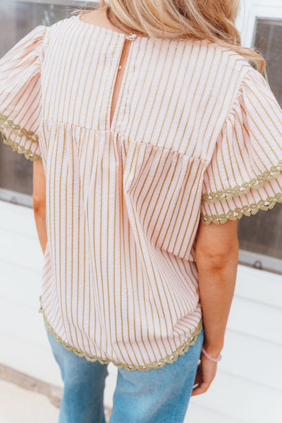 Pink Olive Striped Flutter Sleeve Top IT18183