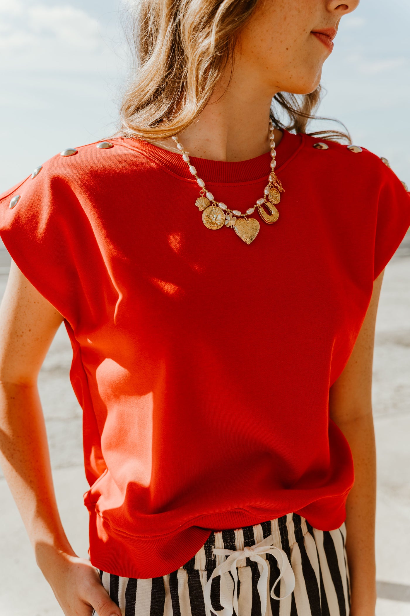 Red Short Sleeve Top with Shoulder Studs T26341