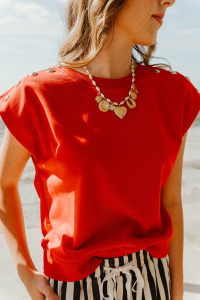 Red Short Sleeve Top with Shoulder Studs T26341