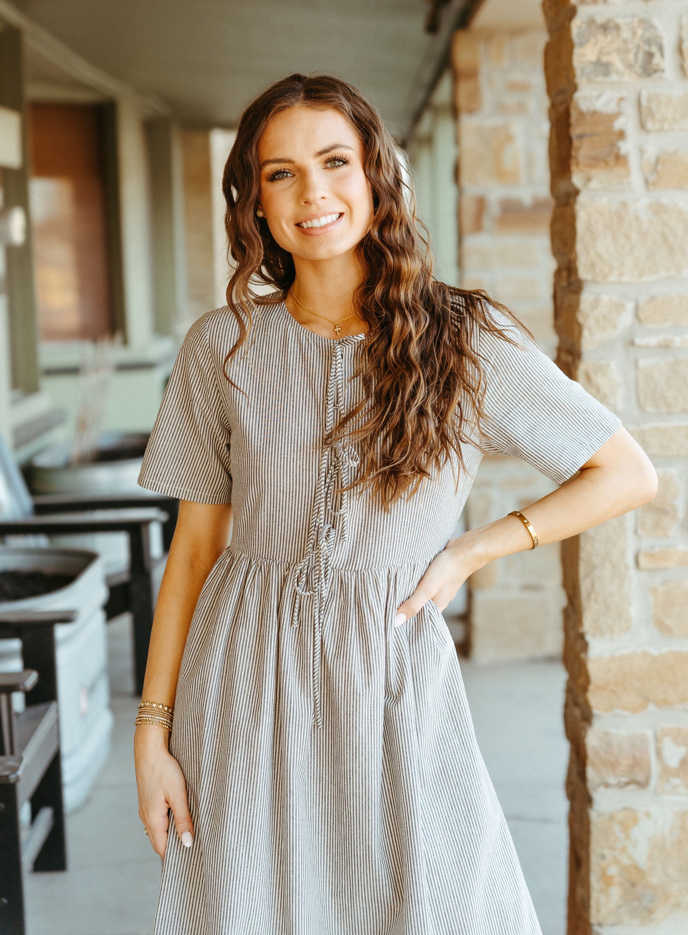Navy Striped Short Sleeve Dress TBD13350
