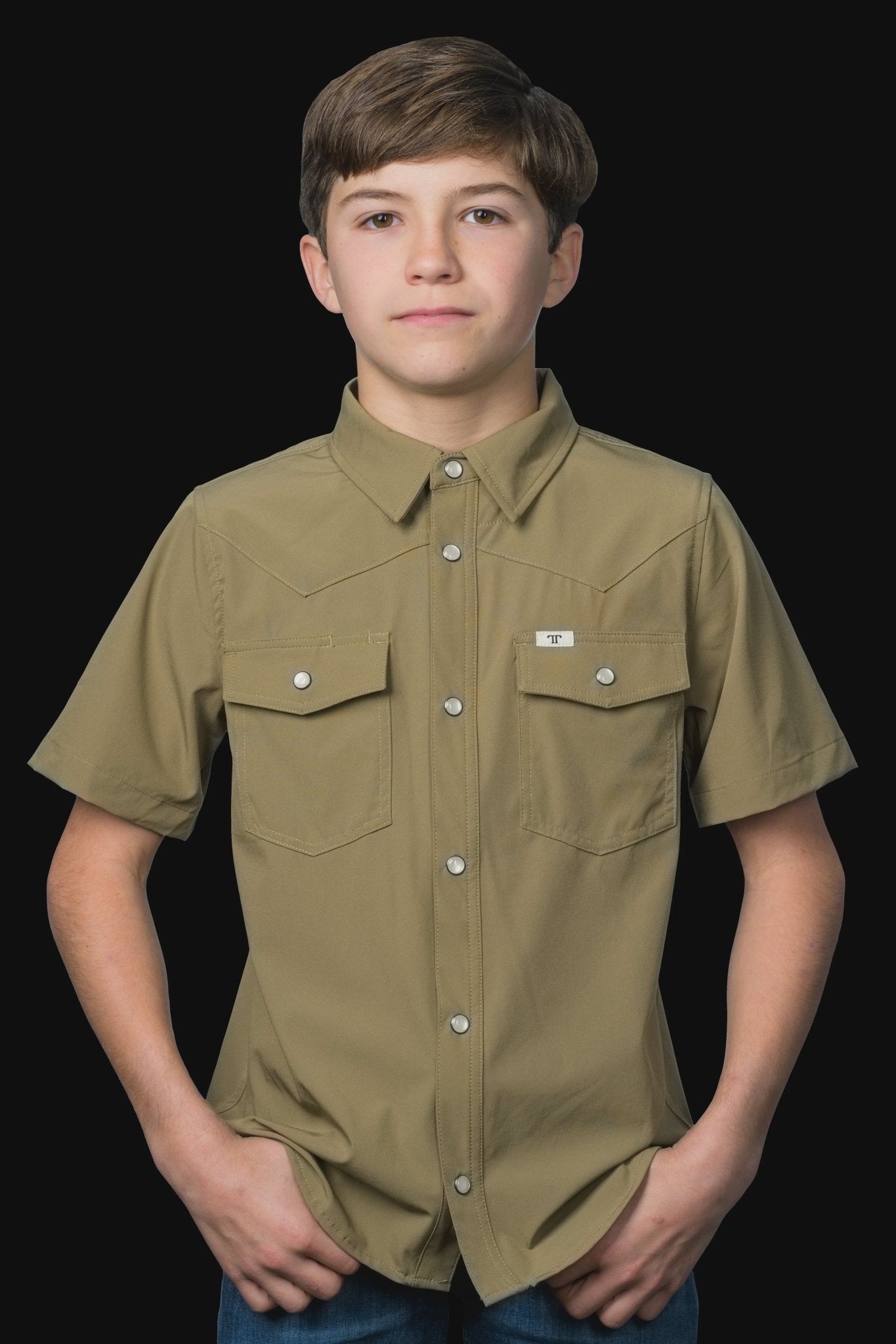 Ferrell - Kid's Khaki Short Sleeve Snap Shirt - Southern Soule Designs