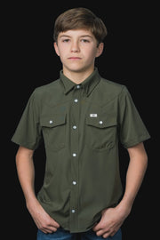 Ferrell - Kid's Olive Green Short Sleeve Snap Shirt - Southern Soule Designs