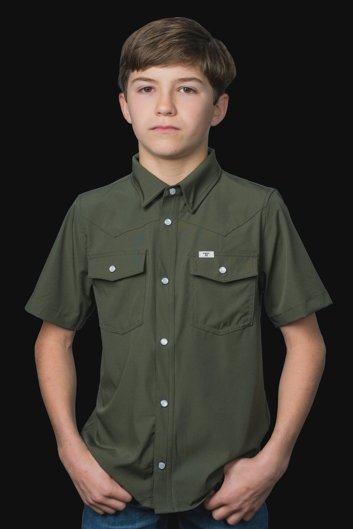 Ferrell - Kid's Olive Green Short Sleeve Snap Shirt - Southern Soule Designs