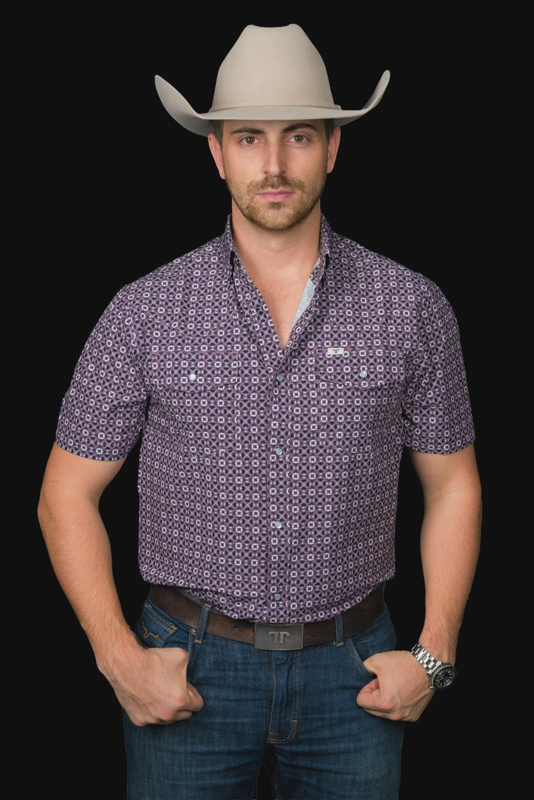 Ferrell - The Emerson Short Sleeve Pearl Snap Shirt in Maroon - Southern Soule Designs