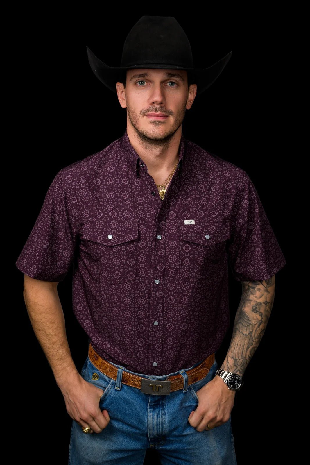 Ferrell - The Fletcher Short Sleeve Pearl Snap Shirt in Maroon - Southern Soule Designs