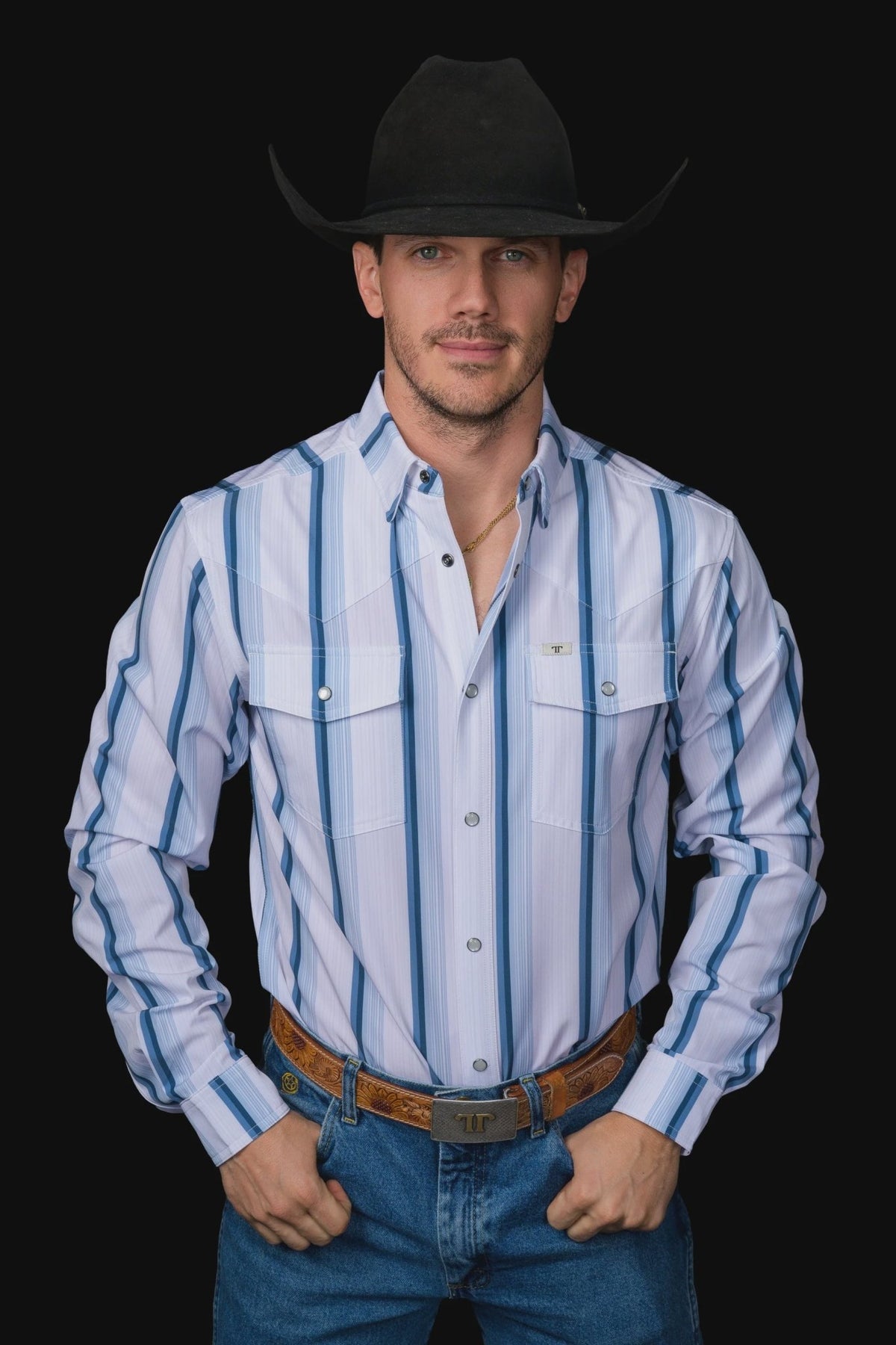 Ferrell - The Tristan Long Sleeve Pearl Snap Shirt in Blue - Southern Soule Designs