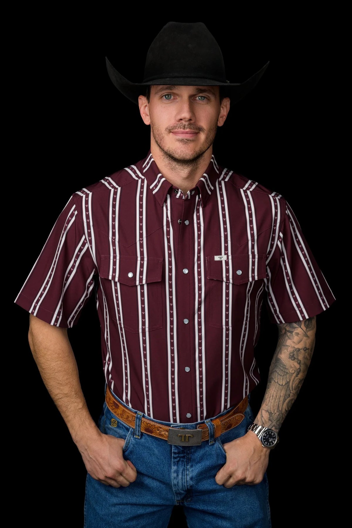 Ferrell - The Tucker Short Sleeve Pearl Snap Shirt in Maroon - Southern Soule Designs