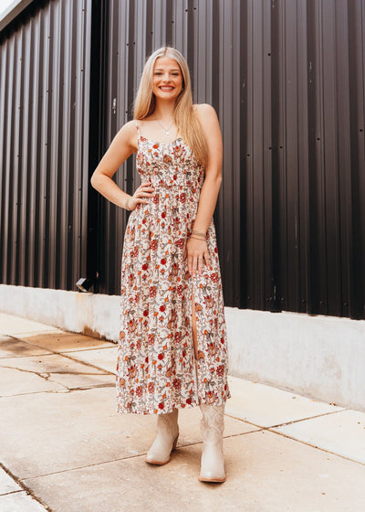 Floral Print Midi Dress Natural BWD0R05923 - Southern Soule Designs