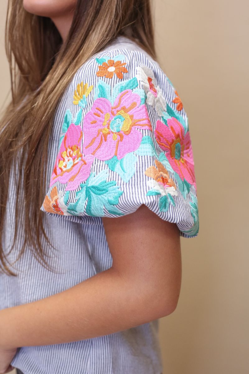 Floral Puff Sleeve Embroidered Top - Southern Soule Designs