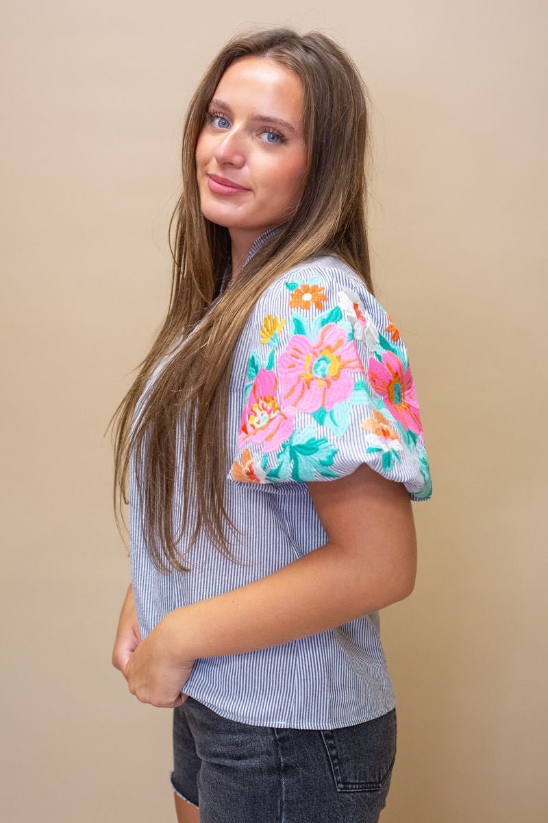 Floral Puff Sleeve Embroidered Top - Southern Soule Designs