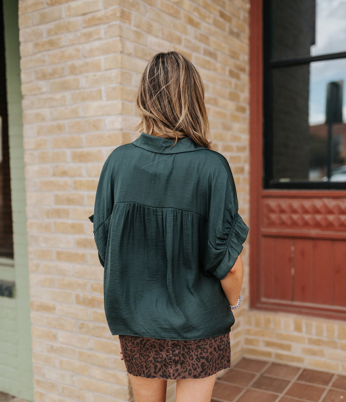 Forest Green Ruffle Sleeve Button-up Blouse VB9211 - Southern Soule Designs