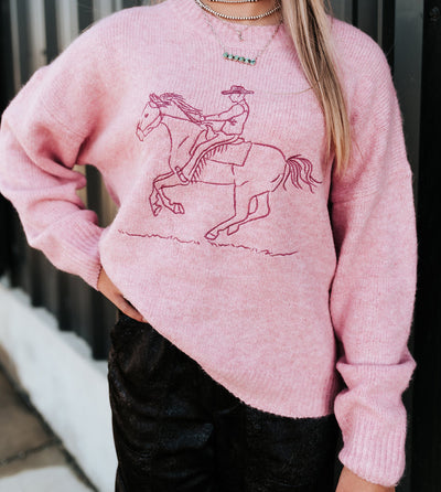 French Pink Embroidered Cowboy Knit Sweater BRW0280 - 42 - Southern Soule Designs