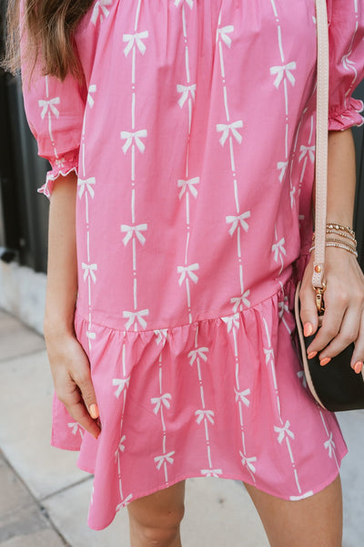 Fuchsia Ribbon Print Short Sleeve Dress ID1933 - 01 - Southern Soule Designs