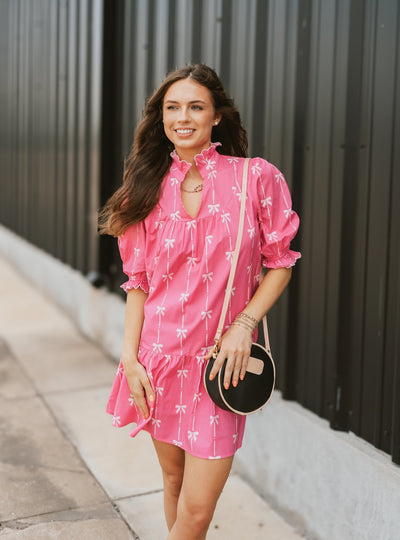 Fuchsia Ribbon Print Short Sleeve Dress ID1933 - 01 - Southern Soule Designs