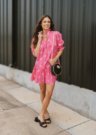 Fuchsia Ribbon Print Short Sleeve Dress ID1933 - 01 - Southern Soule Designs