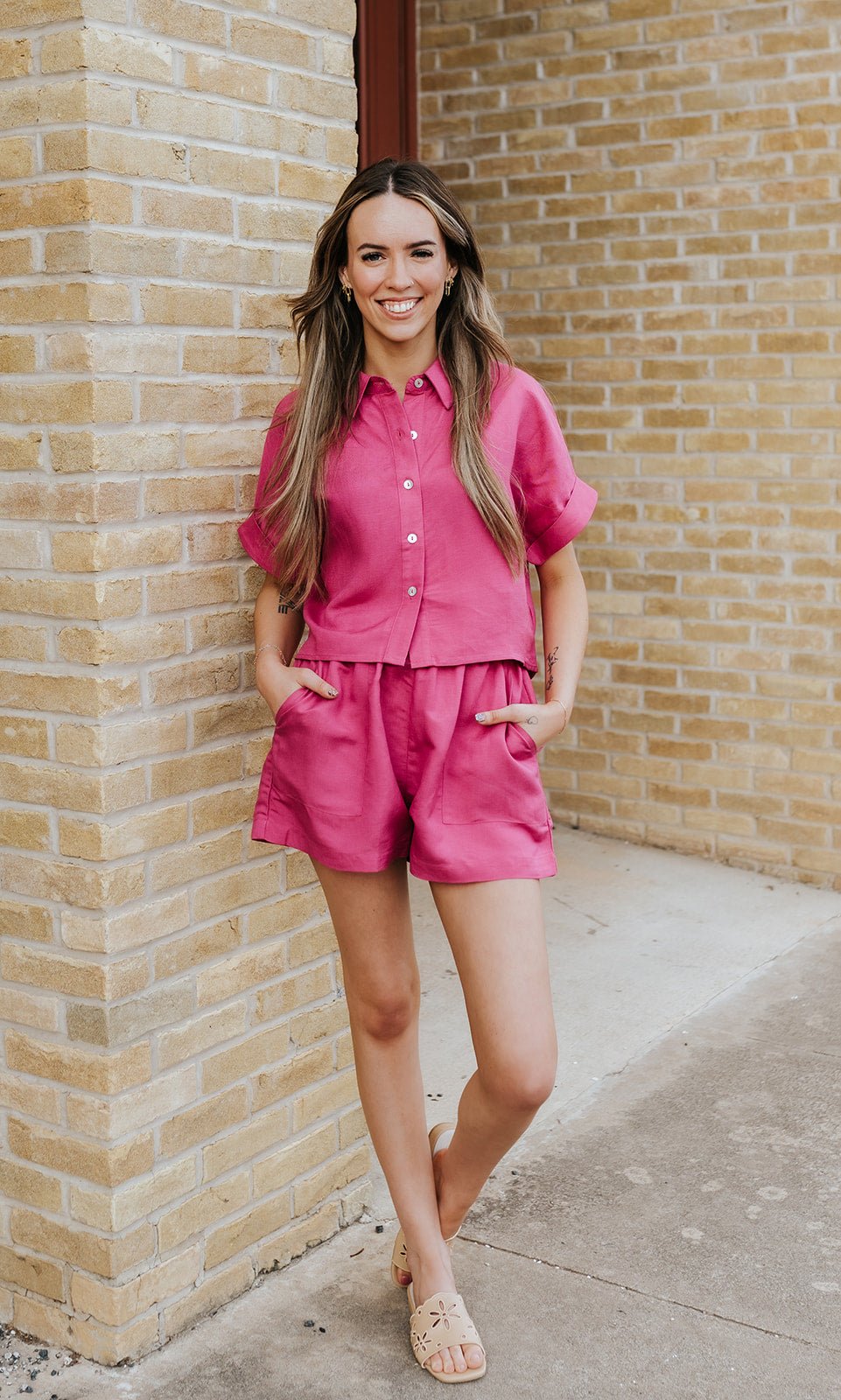 Fuchsia Short Sleeve Button Down LI11652 - Southern Soule Designs