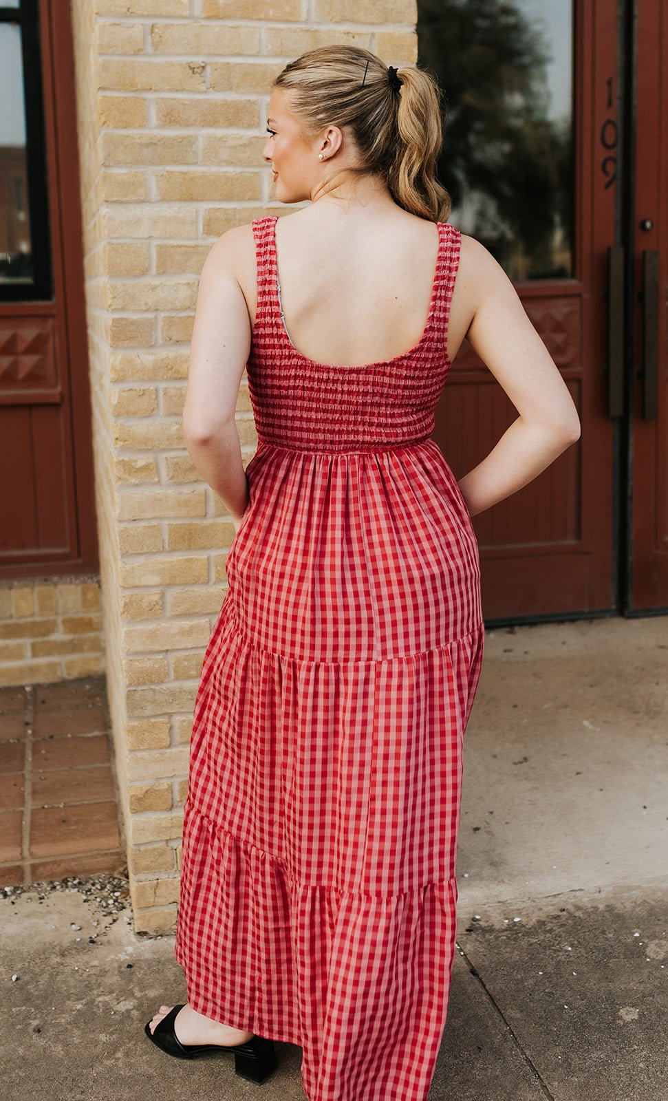 Fuchsia Smocked Bodice Gingham Maxi Dress BD5181 - A - Southern Soule Designs