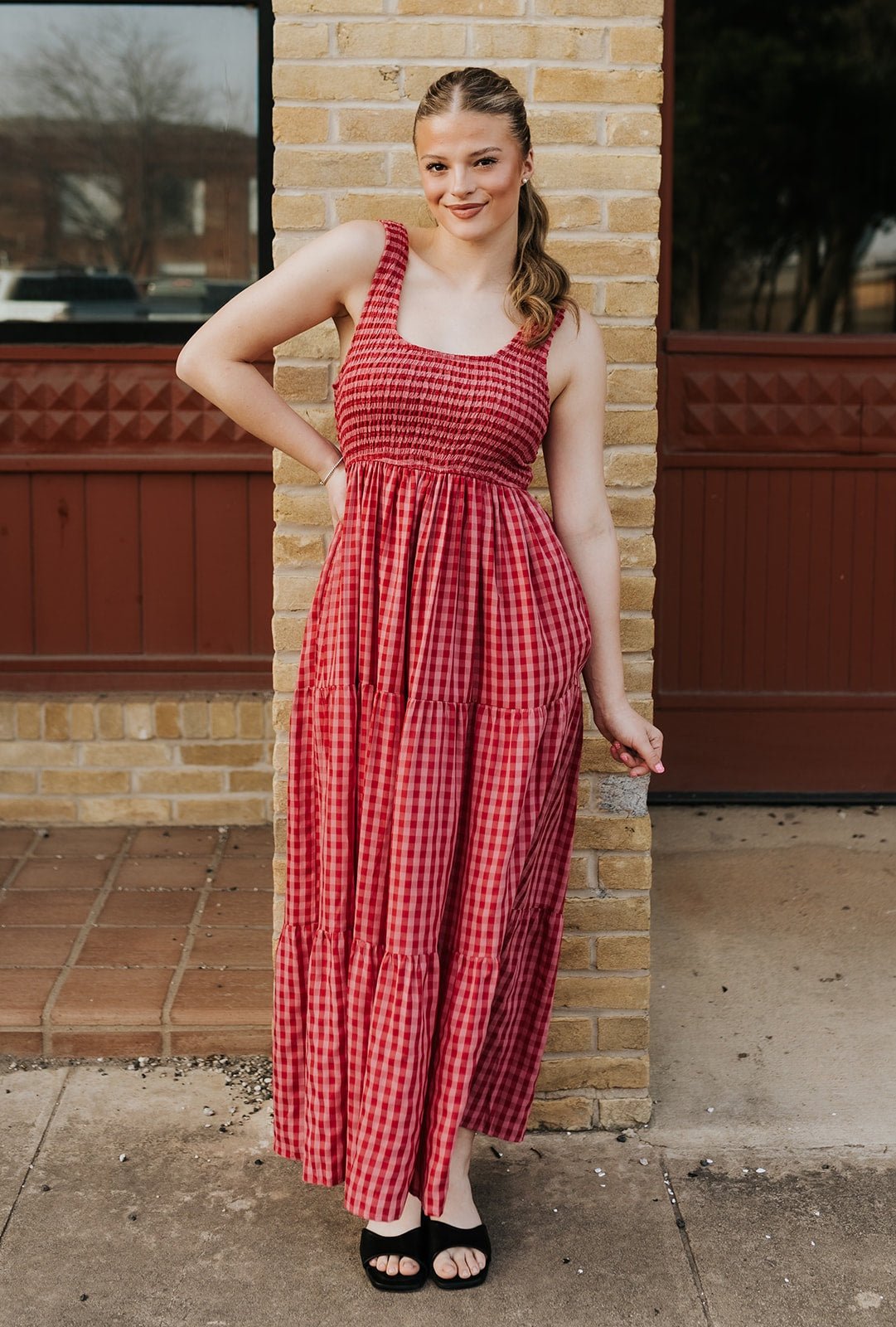 Fuchsia Smocked Bodice Gingham Maxi Dress BD5181 - A - Southern Soule Designs