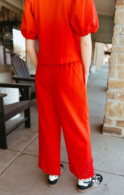 Red Scallop Embroidered Wide Leg Ankle Pants P25813