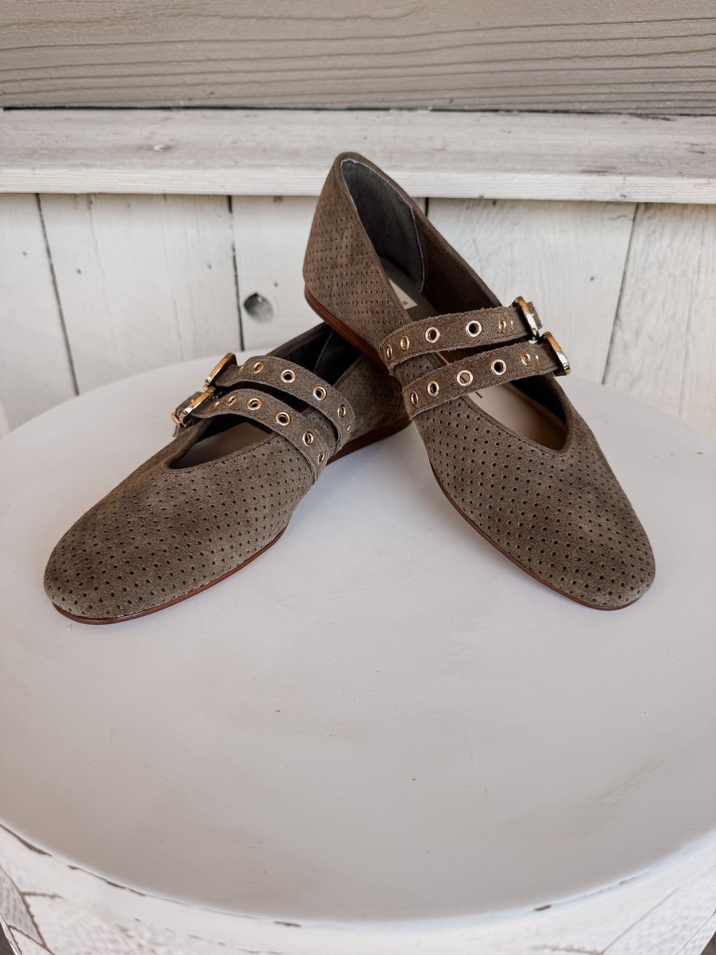 Baylee Grommet Olive Perforated Suede Flat