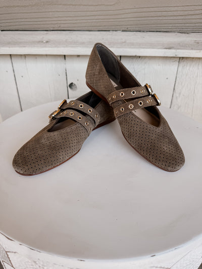 Baylee Grommet Olive Perforated Suede Flat