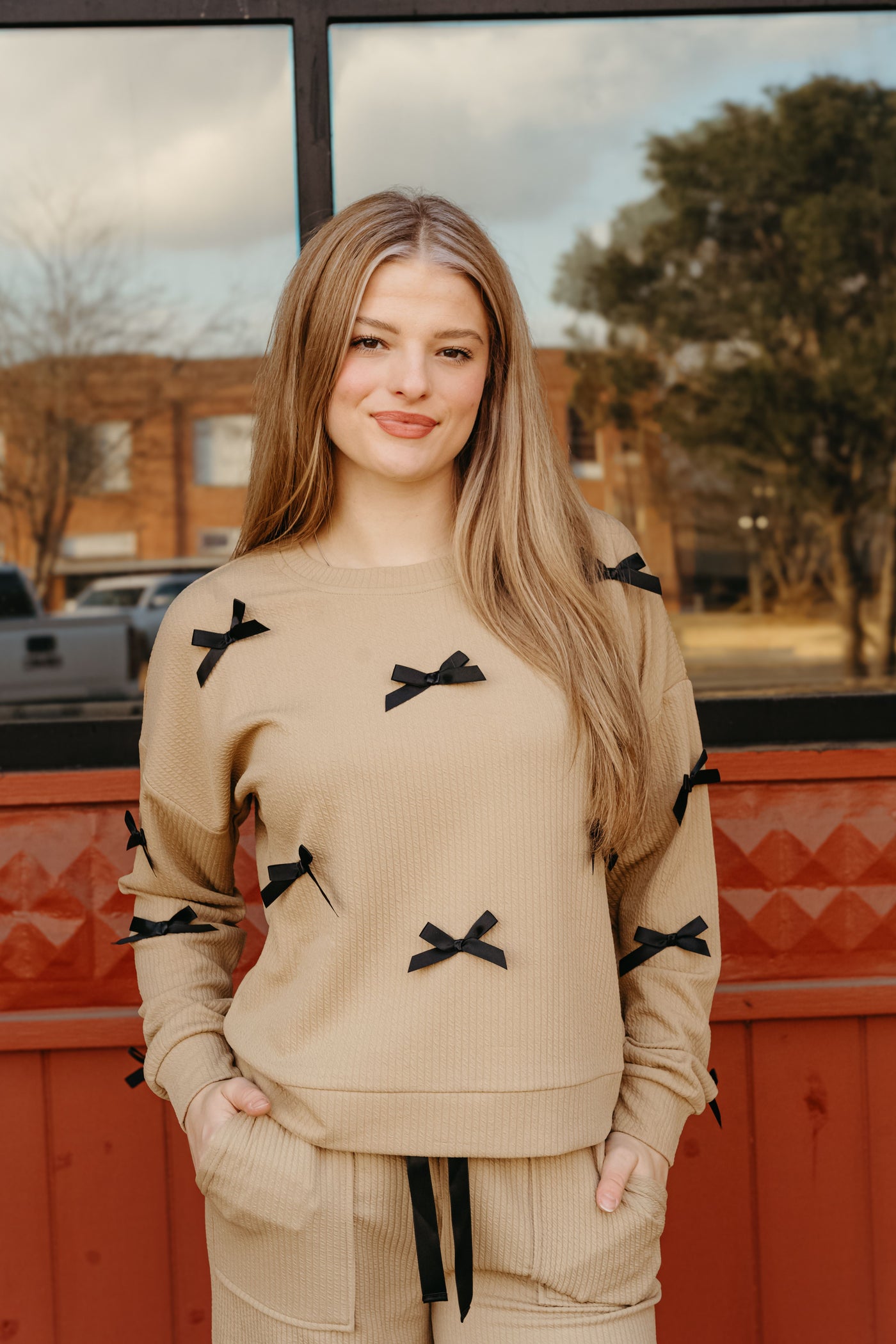 Coco 3D Bow Ribbed Long Sleeve Top TK11426
