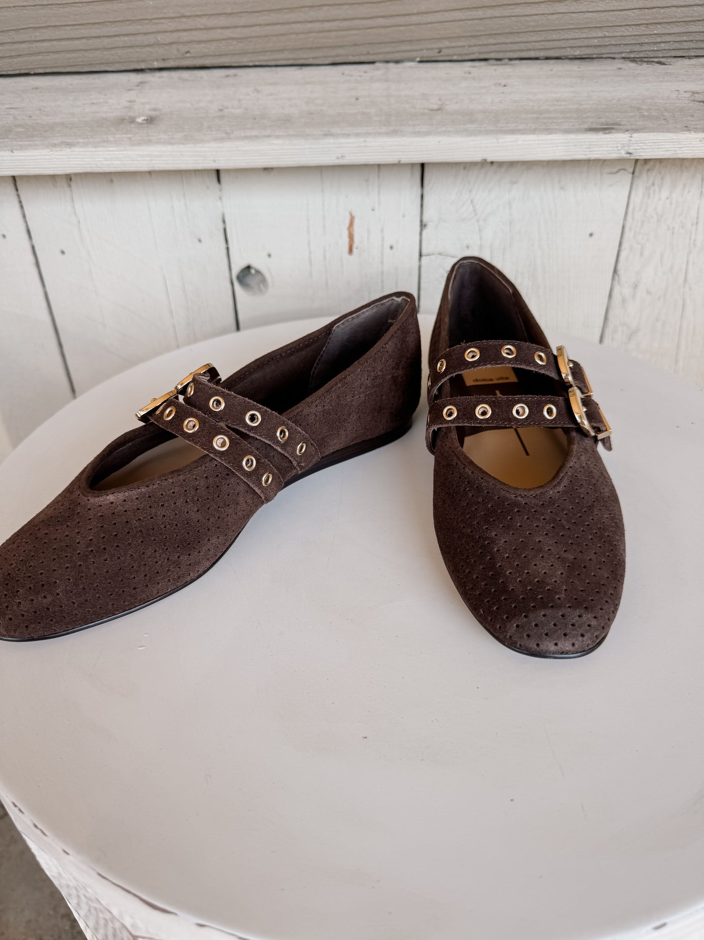 Baylee Grommet DK Brown Perforated Suede Flat