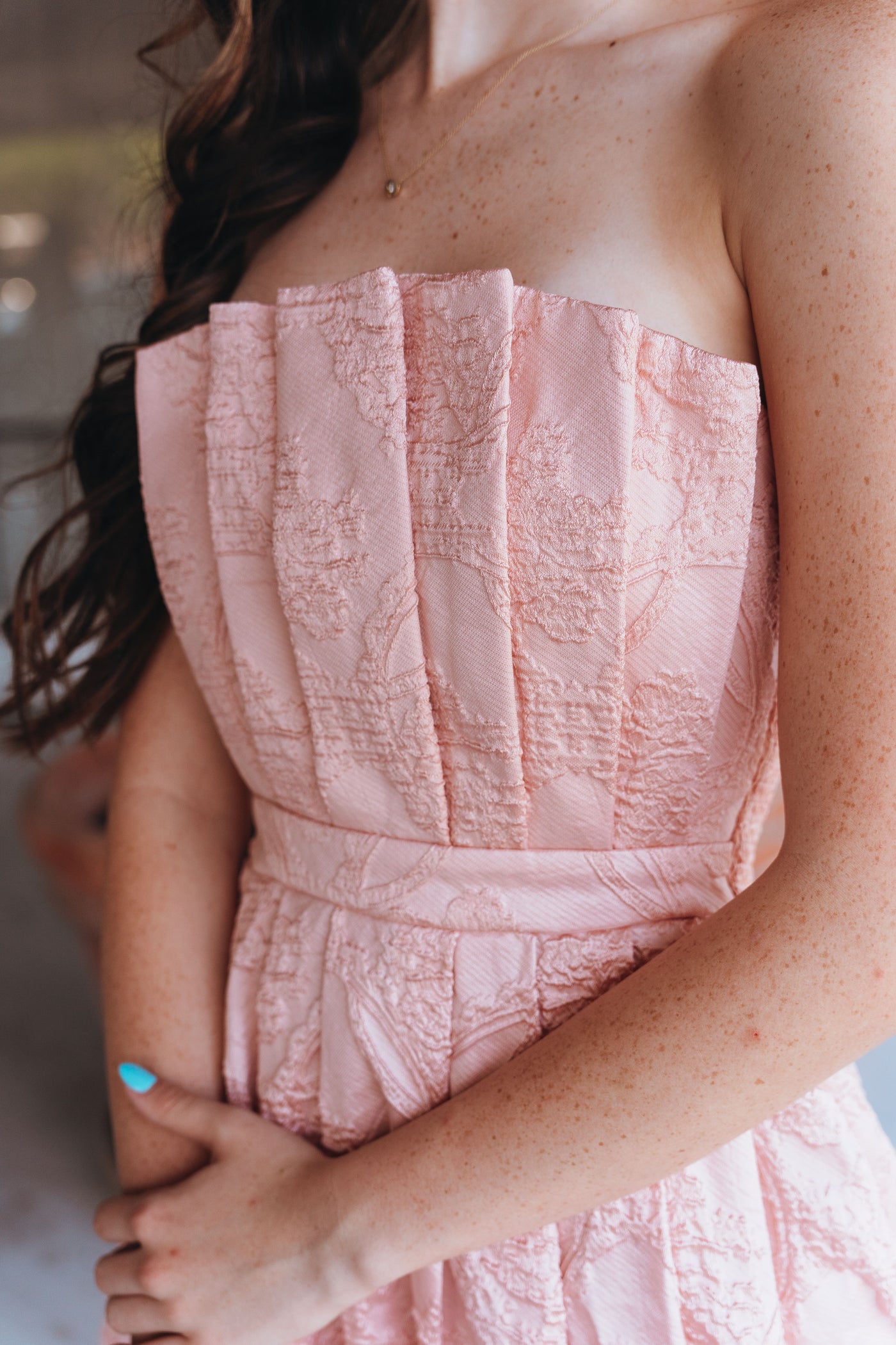 Blush Strapless Embossed Pleated Midi Dress D24125