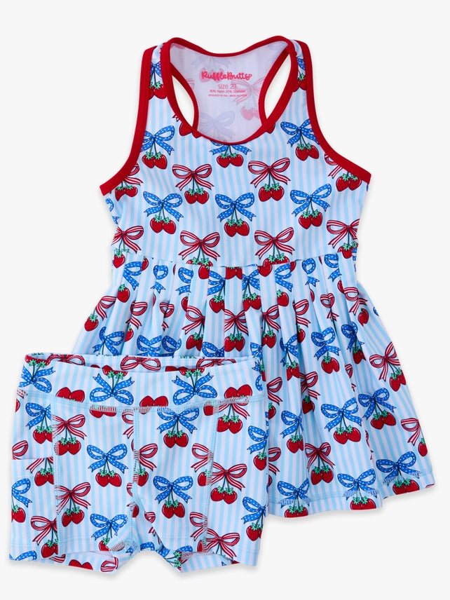 Girls Blue Berries & Bows Active Dress & Bike Short Set - Southern Soule Designs