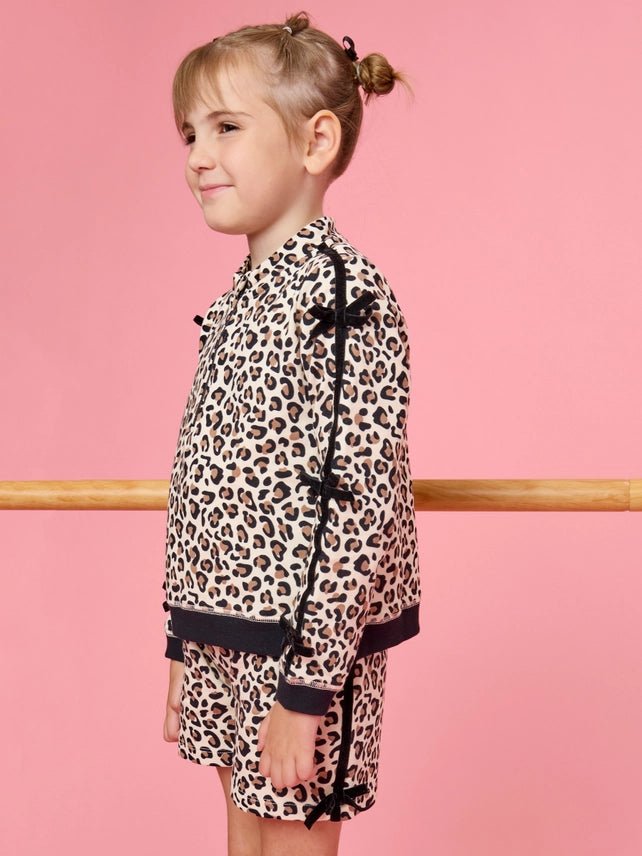 Girls Leopard Bow Sleeve Quarter Zip & Shorts Set - Southern Soule Designs