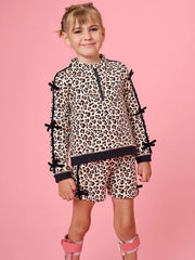 Girls Leopard Bow Sleeve Quarter Zip & Shorts Set - Southern Soule Designs