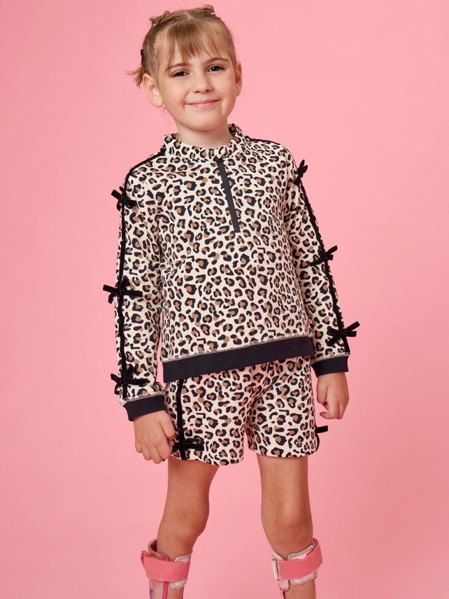 Girls Leopard Bow Sleeve Quarter Zip & Shorts Set - Southern Soule Designs