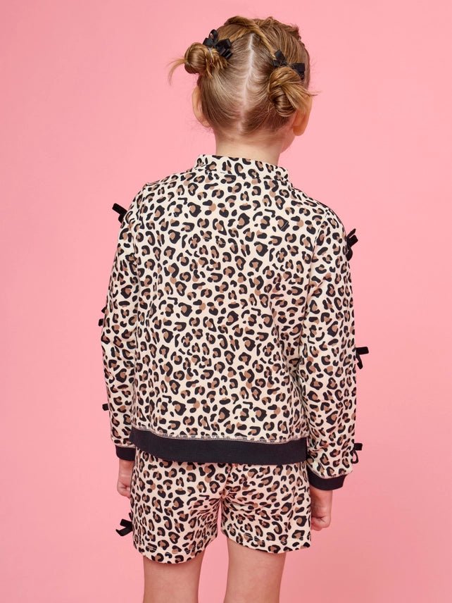 Girls Leopard Bow Sleeve Quarter Zip & Shorts Set - Southern Soule Designs