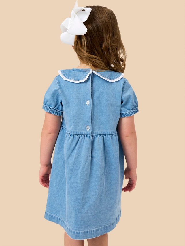 Girls Peter Pan Light Wash Denim Bow Sleeve Dress - Southern Soule Designs