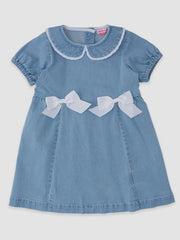 Girls Peter Pan Light Wash Denim Bow Sleeve Dress - Southern Soule Designs