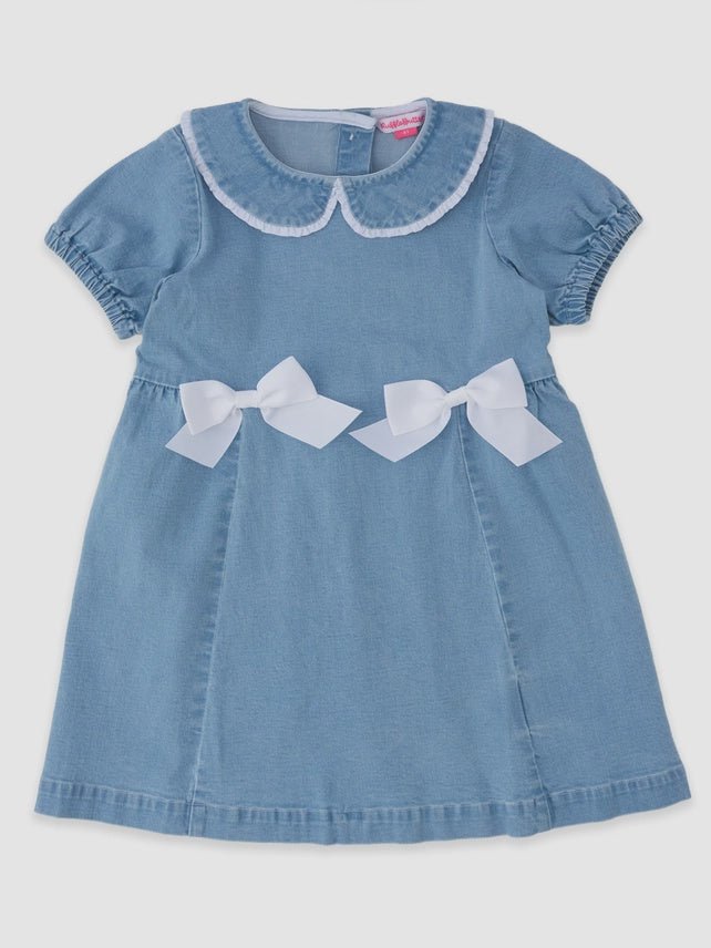 Girls Peter Pan Light Wash Denim Bow Sleeve Dress - Southern Soule Designs