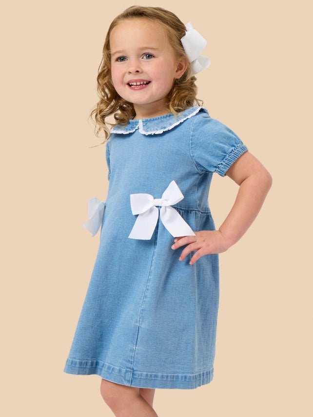 Girls Peter Pan Light Wash Denim Bow Sleeve Dress - Southern Soule Designs