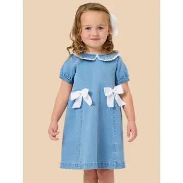 Girls Peter Pan Light Wash Denim Bow Sleeve Dress - Southern Soule Designs