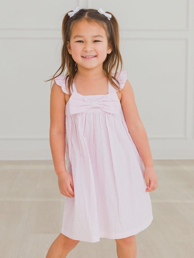 Girls Pink Seersucker Flutter Bow Woven Dress - Southern Soule Designs