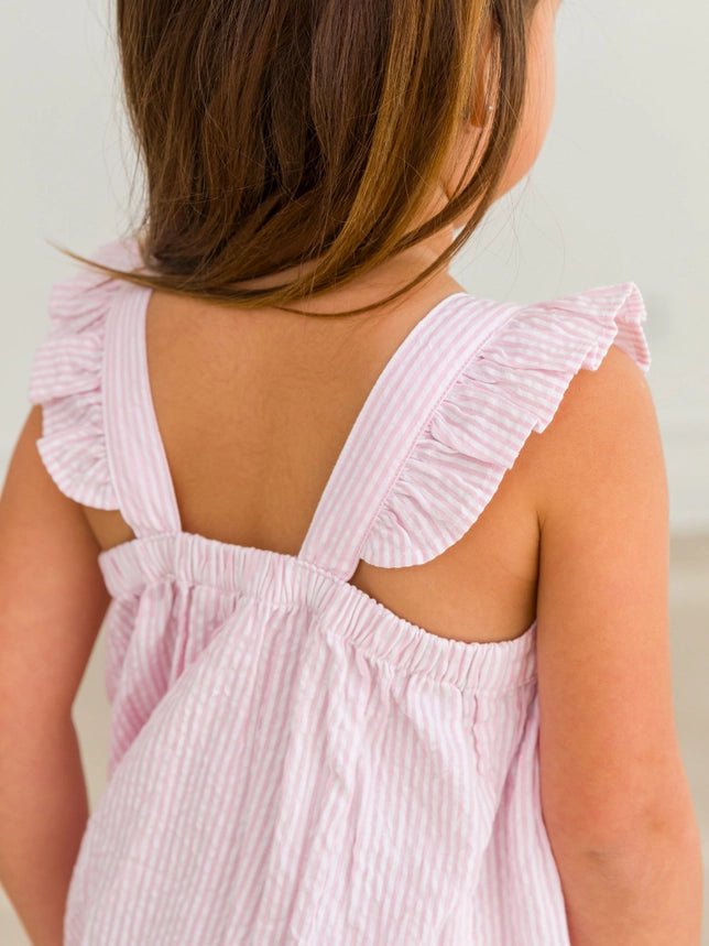 Girls Pink Seersucker Flutter Bow Woven Dress - Southern Soule Designs