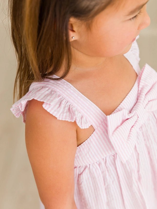Girls Pink Seersucker Flutter Bow Woven Dress - Southern Soule Designs